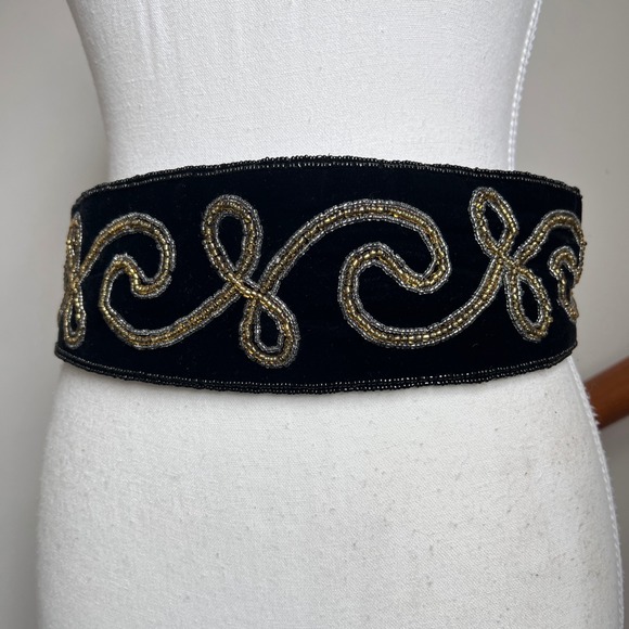 Vintage 90s Beaded Velvet Waist Belt Black Metallic Ornate Statement Chunky Wide main image 10